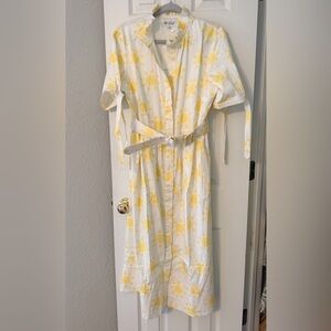 Button-Front Yellow Floral Midi Shirt Dress with Tie Waist
